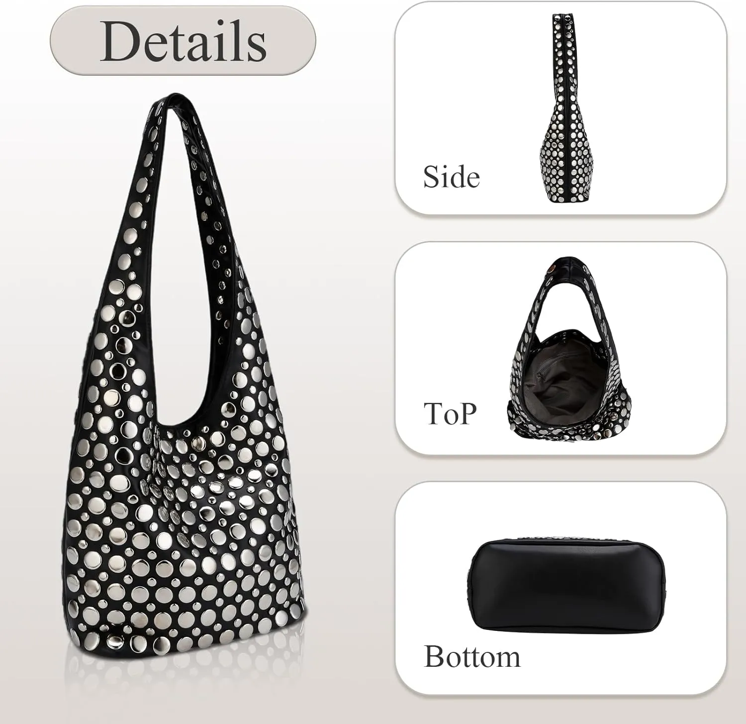 Studded Hobo Purses for Women Y2K Soft PU Leather Shoulder Bag Punk Underarm Tote Handbag