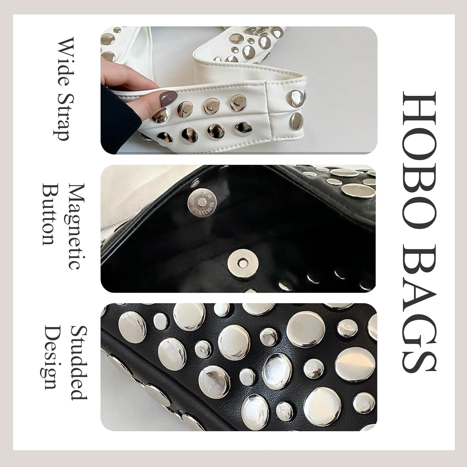 Studded Hobo Purses for Women Y2K Soft PU Leather Shoulder Bag Punk Underarm Tote Handbag