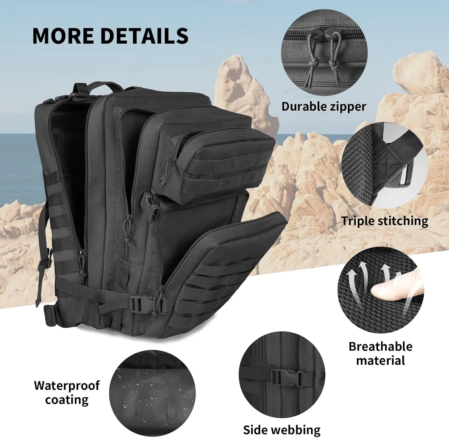 Tactical Backpack 45L Assault Pack Black Army Pack For Men 3 Day Molle Bug Out Bag Outdoor Camping Hiking Daypack Military Assault Large Rucksack without Bottle Holder
