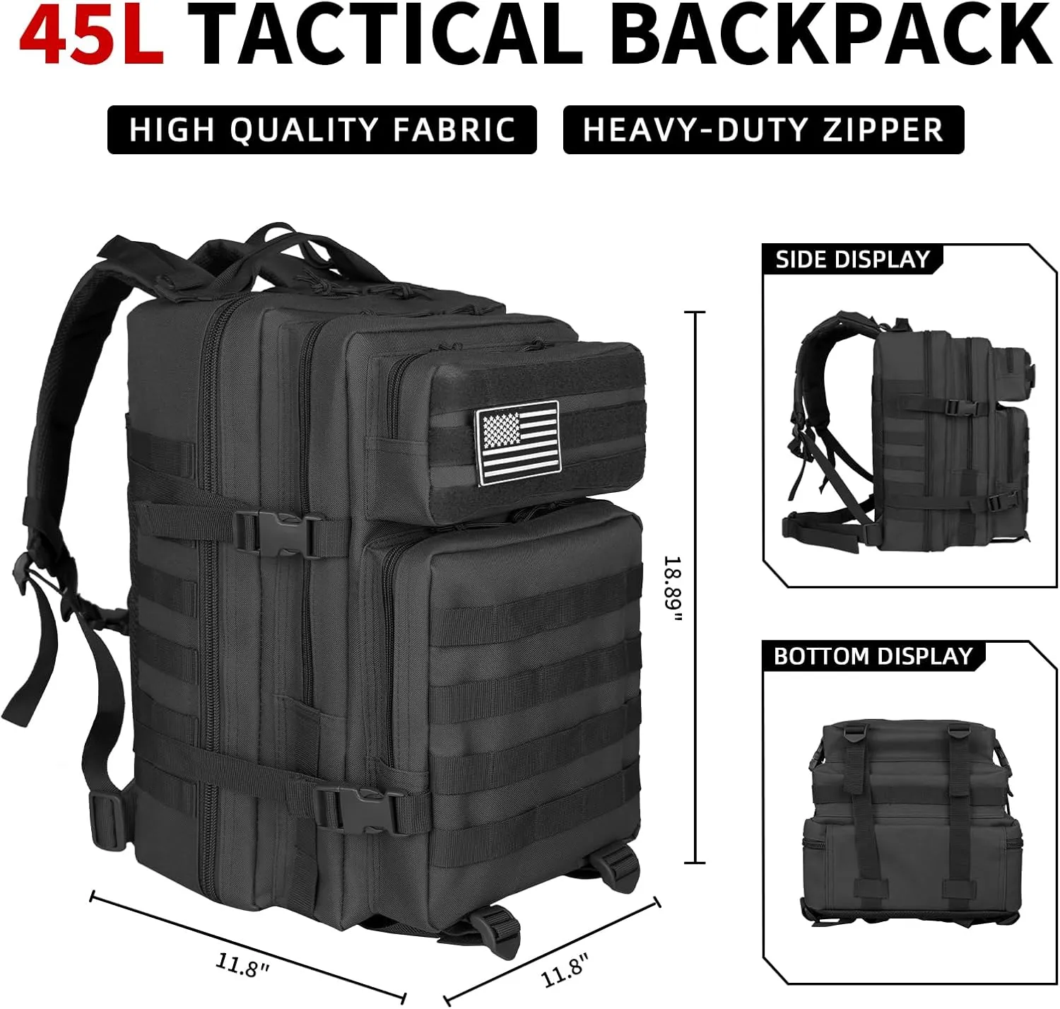 Tactical Backpack 45L Assault Pack Black Army Pack For Men 3 Day Molle Bug Out Bag Outdoor Camping Hiking Daypack Military Assault Large Rucksack without Bottle Holder