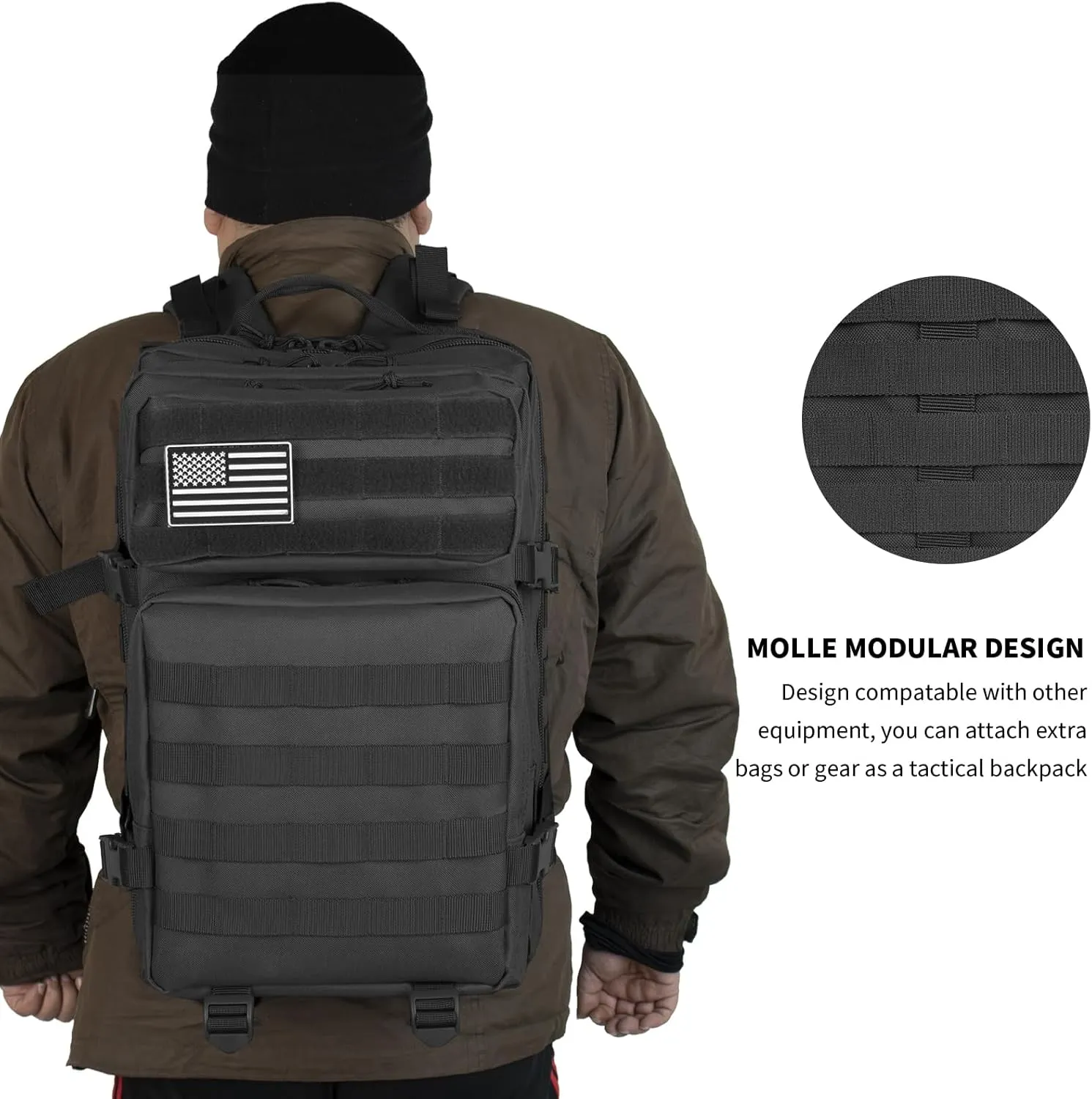 Tactical Backpack 45L Assault Pack Black Army Pack For Men 3 Day Molle Bug Out Bag Outdoor Camping Hiking Daypack Military Assault Large Rucksack without Bottle Holder