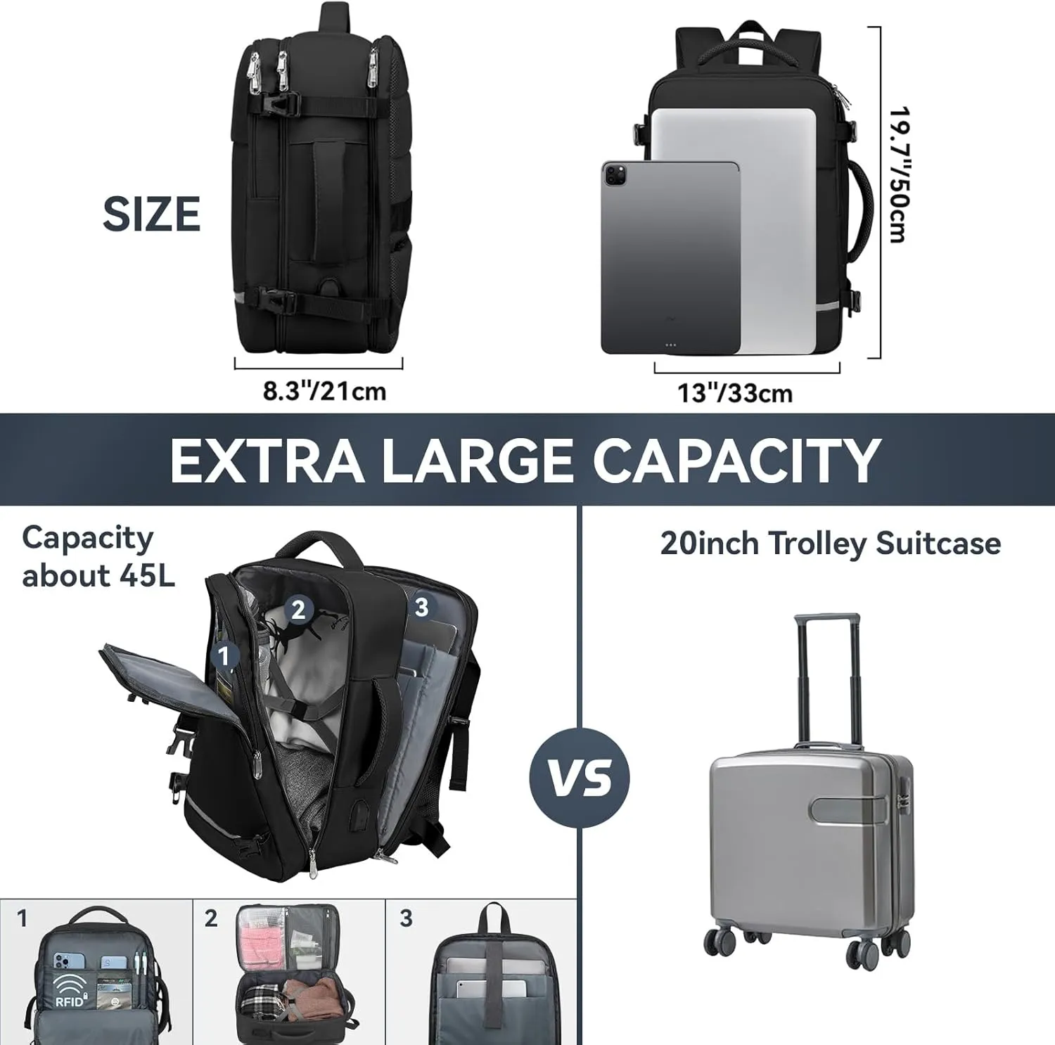 Travel Backpack for Women Men, Flight Approved Backpack,15.6inch Laptop Backpack,Waterproof Sports Luggage Bag for Weekender Business Hiking, Black