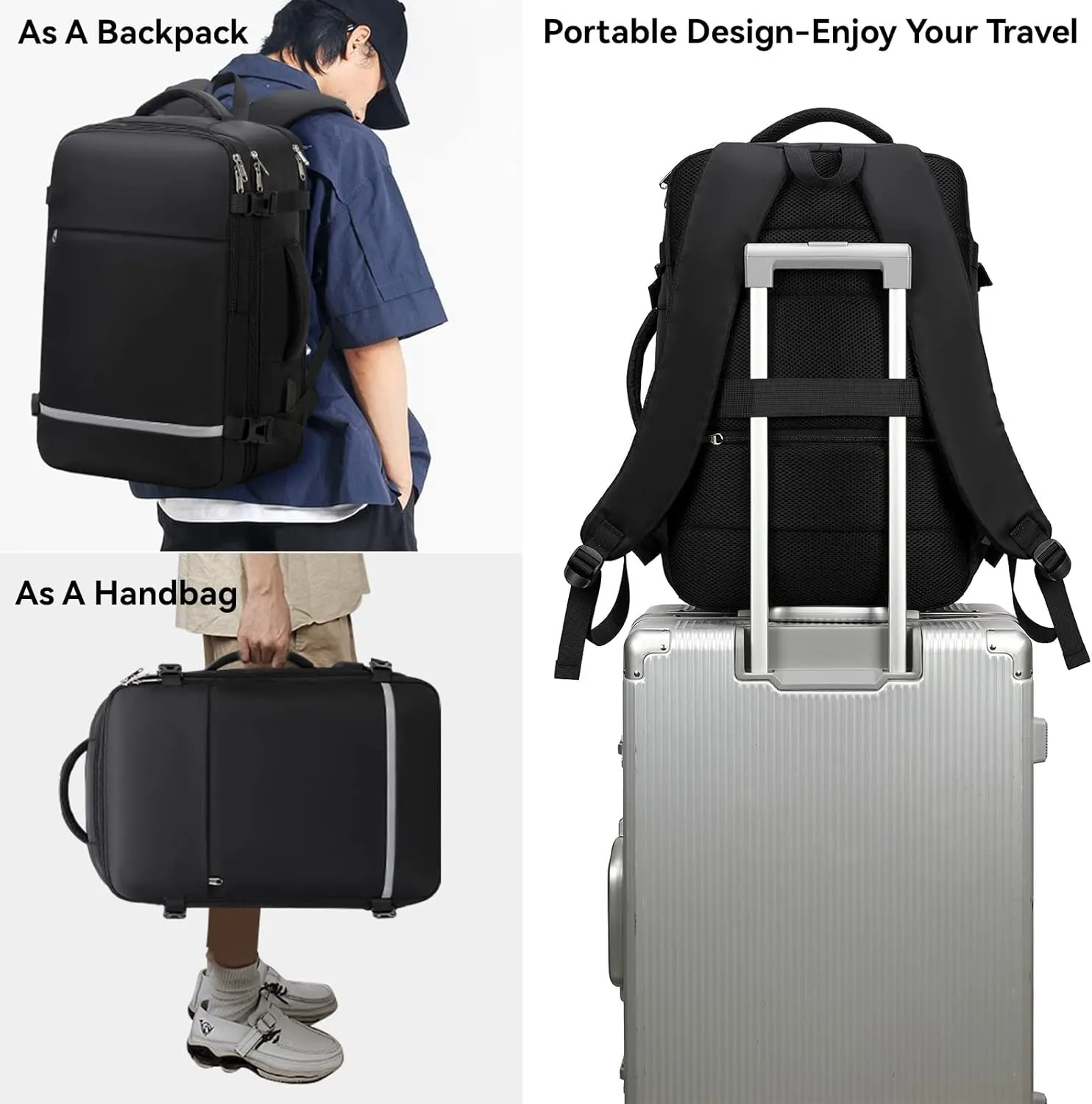 Travel Backpack for Women Men, Flight Approved Backpack,15.6inch Laptop Backpack,Waterproof Sports Luggage Bag for Weekender Business Hiking, Black