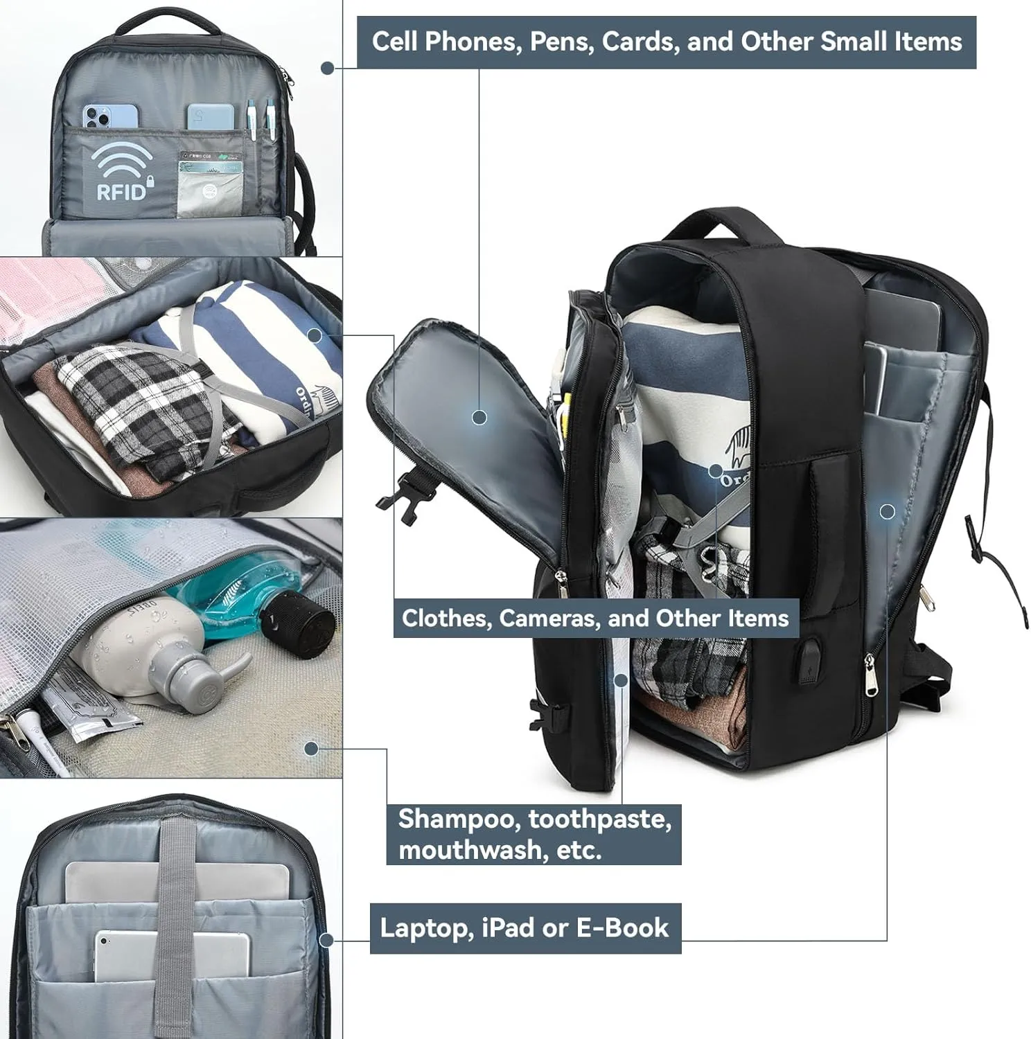 Travel Backpack for Women Men, Flight Approved Backpack,15.6inch Laptop Backpack,Waterproof Sports Luggage Bag for Weekender Business Hiking, Black