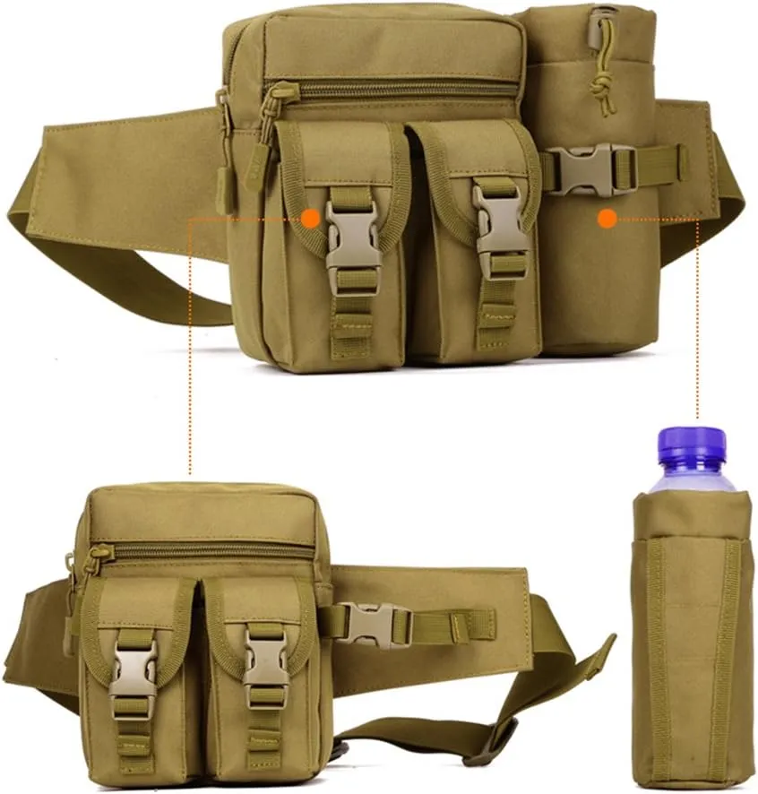 UNISTRENGH Tactical Fanny Packs Pouch With Water Bottle Pocket Holder Waterproof Molle Waist Pack Hip Belt Bag (Coyote Brown)
