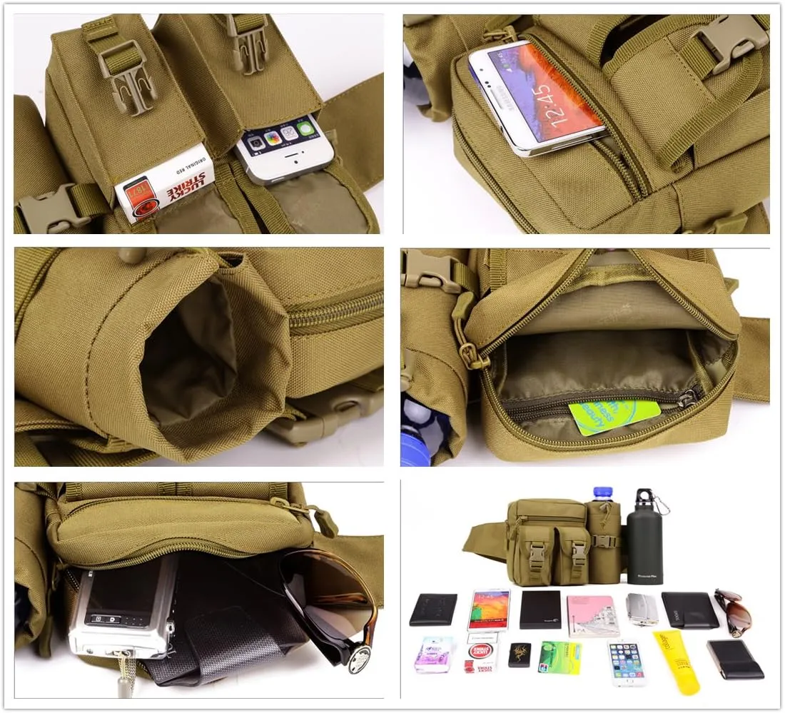 UNISTRENGH Tactical Fanny Packs Pouch With Water Bottle Pocket Holder Waterproof Molle Waist Pack Hip Belt Bag (Coyote Brown)