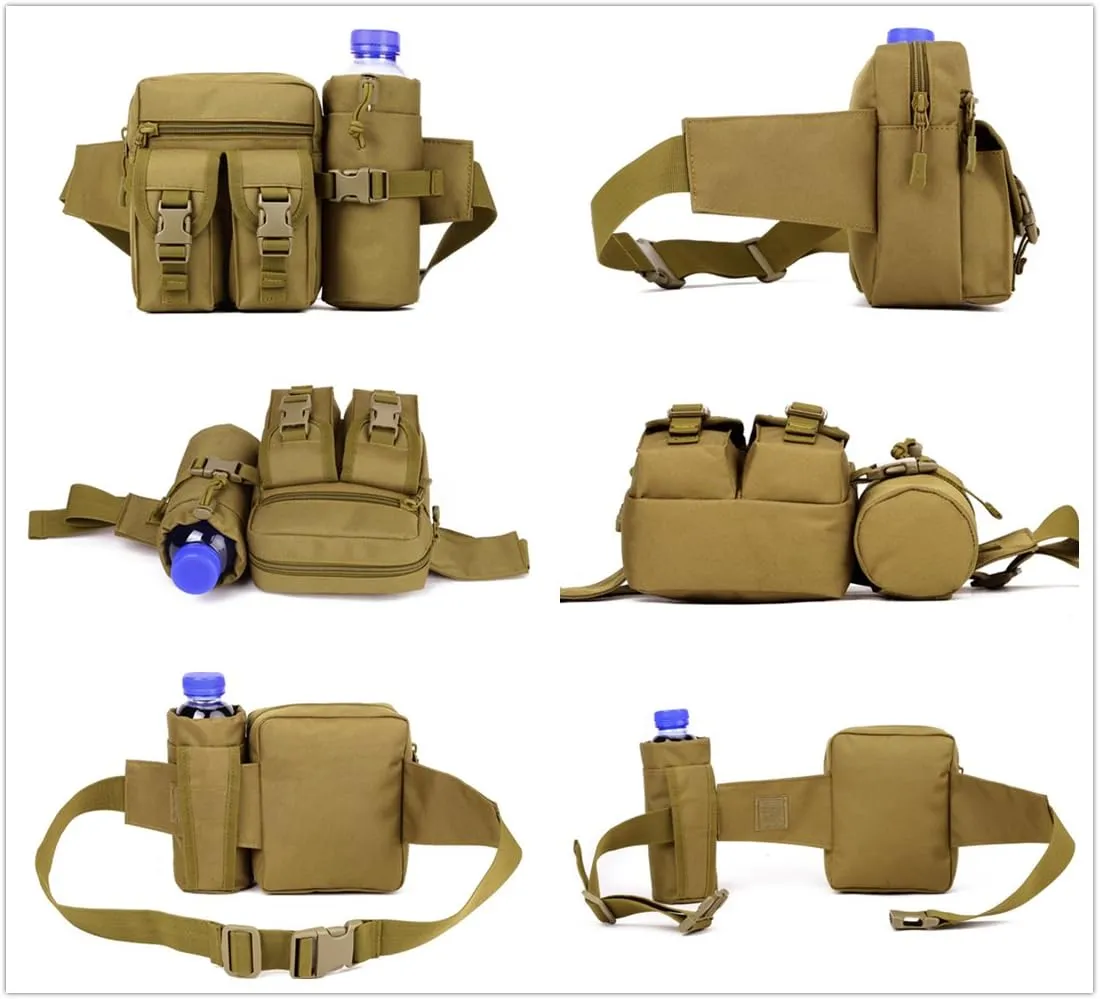 UNISTRENGH Tactical Fanny Packs Pouch With Water Bottle Pocket Holder Waterproof Molle Waist Pack Hip Belt Bag (Coyote Brown)